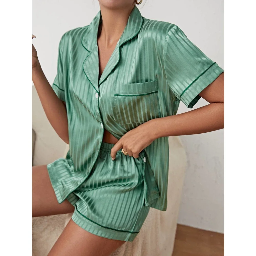 White 2 piece pajama set: Striped Satin shirt and shorts pj Set - Picture 4 of 11